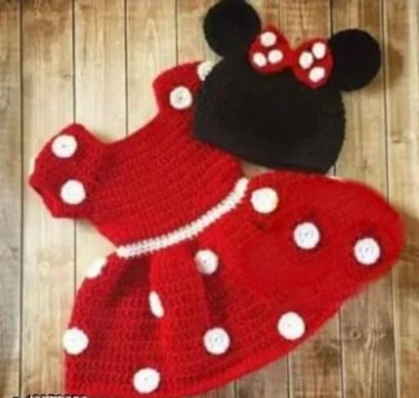 Handmade Woolen Little Baby Knitted Short Sleeve Frock With Mickey Cap  - 9-12 Months